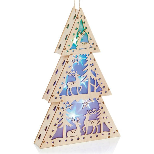 Premier Lit Wooden Tree Reindeer Scene With LEDs