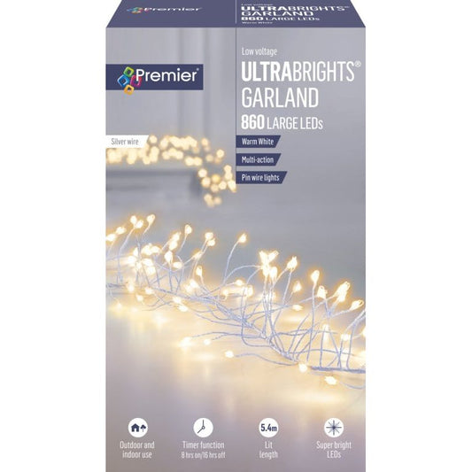 Premier Multi Action Ultra Bright Garland Silver Wire Warm White LEDs