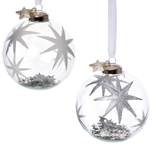 Premier Silver White Stars Clear Glass Bauble