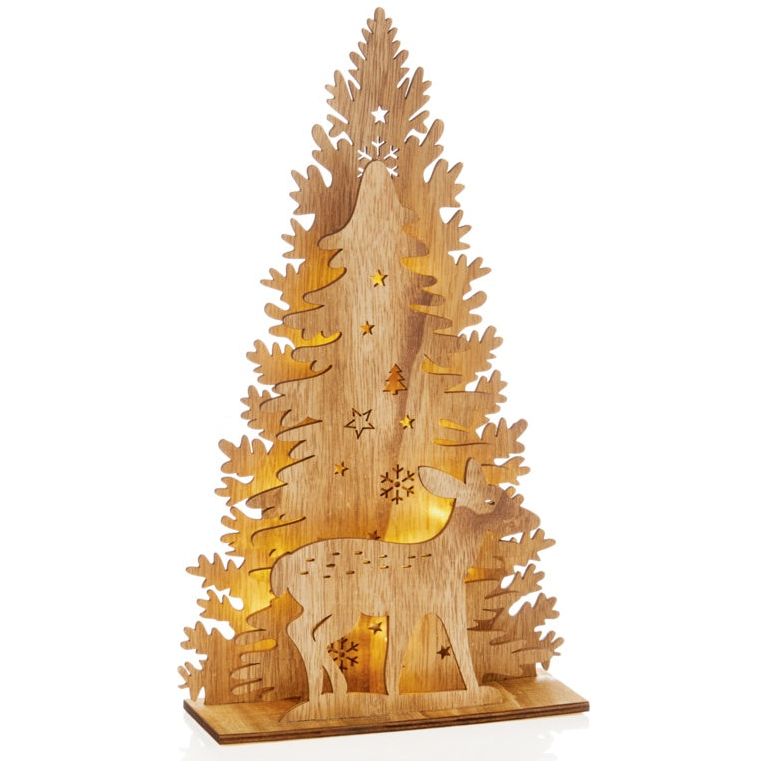 Premier Lit Wooden Tree & Reindeer 10 Warm White LEDs