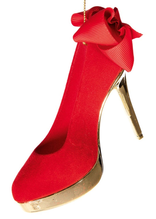 Premier Red Flock High Heel Shoe With  Red Bow