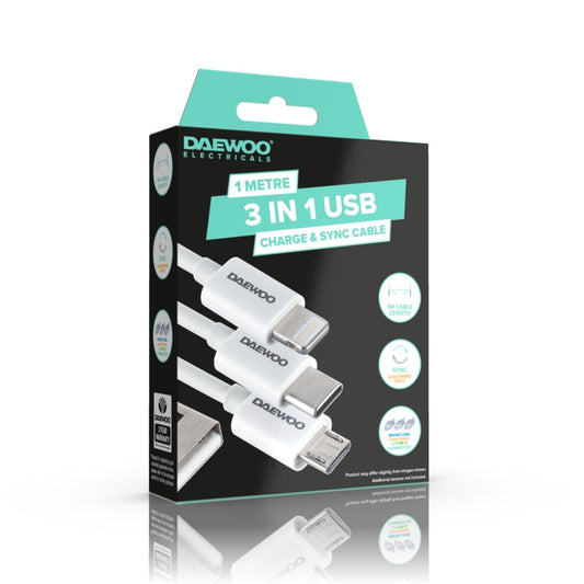 Daewoo 1m USB-A To 3 In 1 Cable