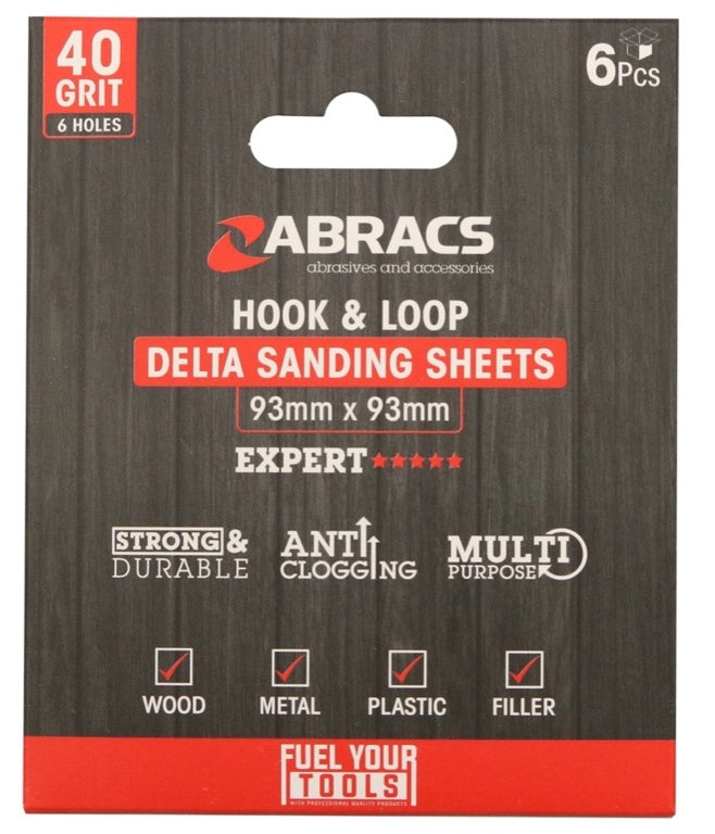 Abracs Hojas de Lija Delta Hook &amp; Loop, Paquete de 6, 93 mm x 93 mm x 40 g