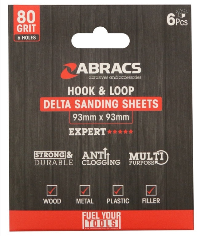 Abracs Hojas de Lija Delta Hook &amp; Loop, Paquete de 6, 93 mm x 93 mm x 80 g