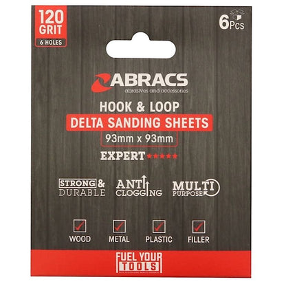 Abracs Hojas de Lija Delta Hook &amp; Loop, Paquete de 6, 93 mm x 93 mm x 120 g 