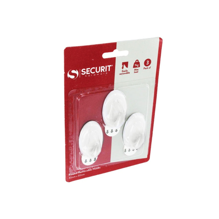 Securit Removable Oval Hook White 50 x 30mm Pack 3