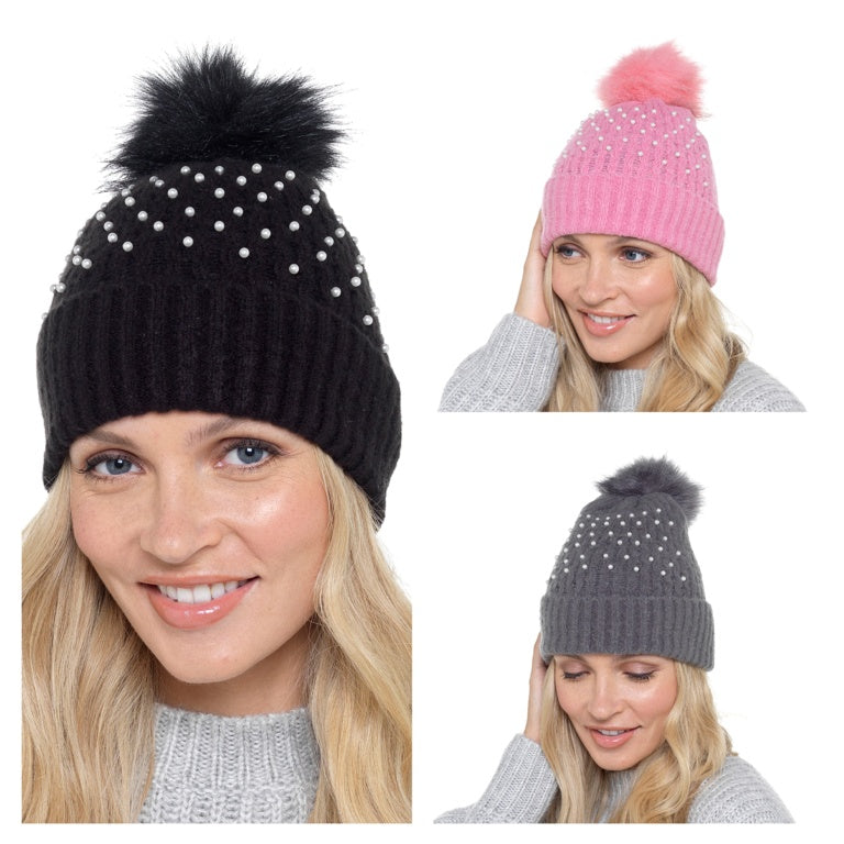 Chapeau côtelé pour femme RJM avec perles et pompons