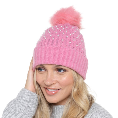 RJM Ladies Rib Hat With Pearls & Bobble