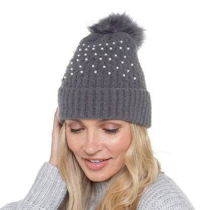 RJM Ladies Rib Hat With Pearls & Bobble