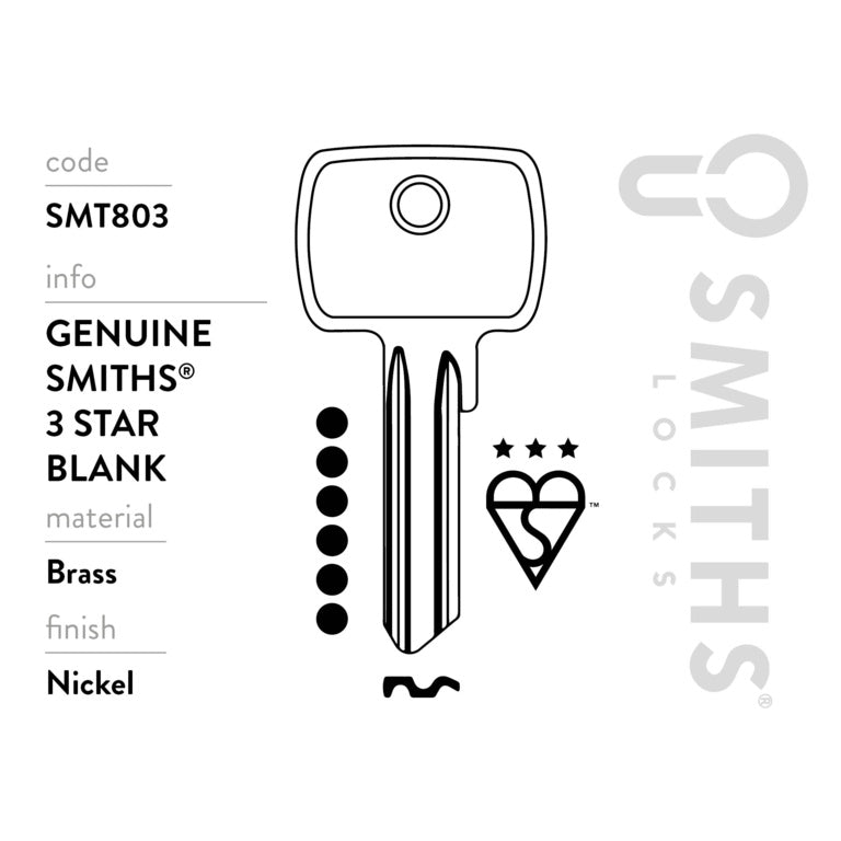 Smiths Locks 3 Star Euro Cylinder 6 Pin Key Blank