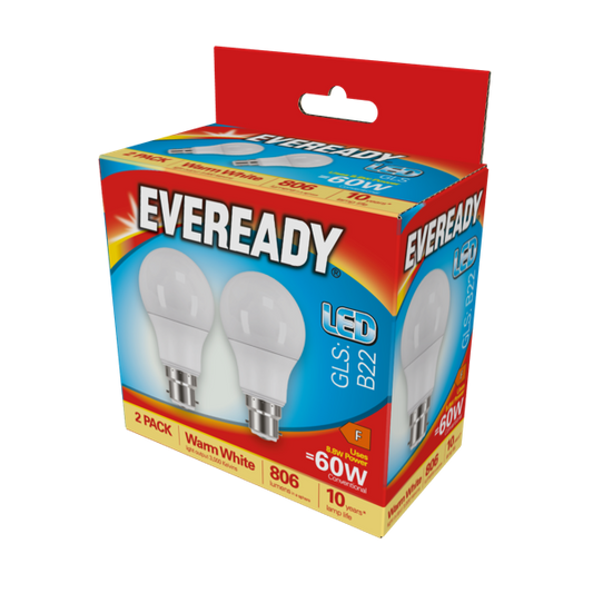 Eveready LED GLS BC B22 3000k Blanco Cálido Pack 2