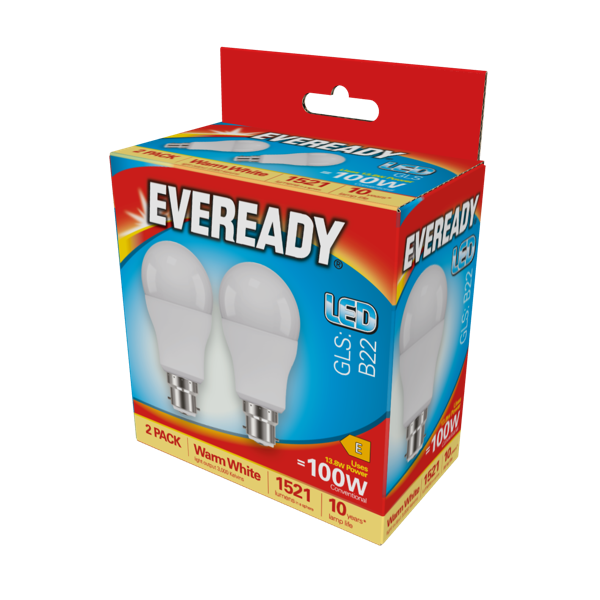 Eveready LED GLS BC B22 3000k Warm White Pack 2