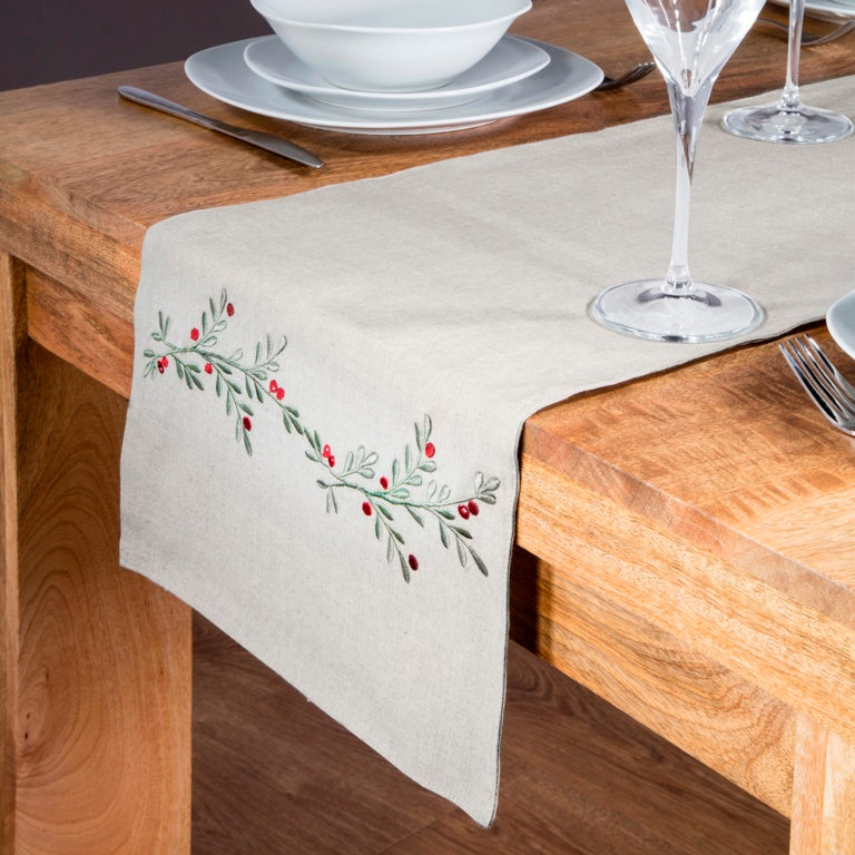 Premier Embroidered Holly Berry Table Runner