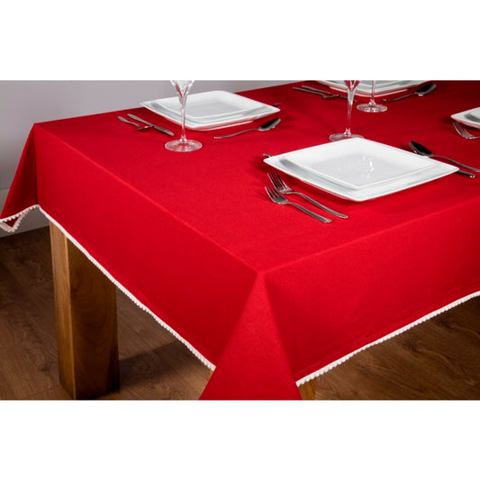 Premier Pom Pom Edged Red Tablecloth