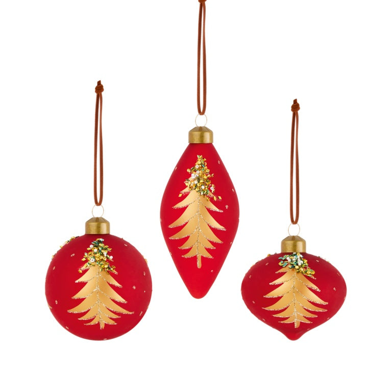 Premier Red Glass With Tree Design Bauble