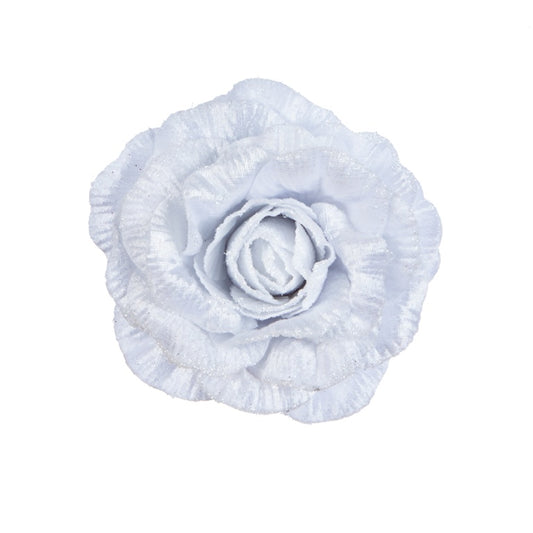 Premier White Velvet Glitter Rose On Clip