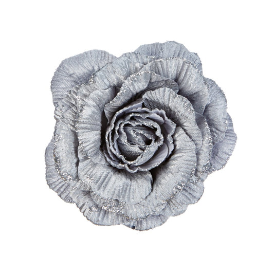 Premier Silver Velvet Glitter Rose On Clip