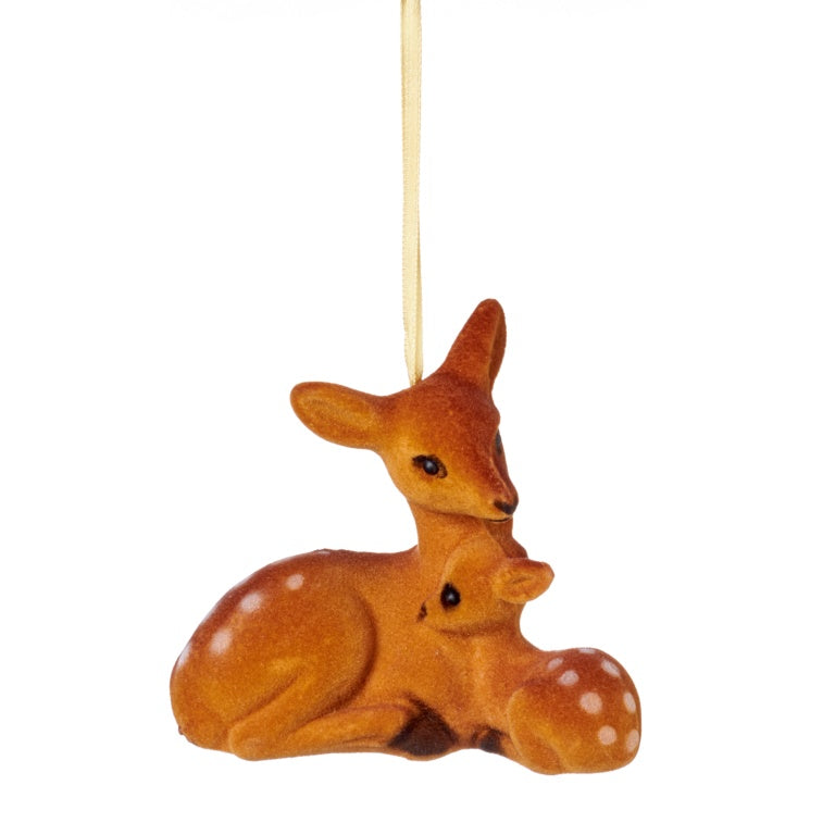 Premier Flock Doe And Fawn Hanging Decoration