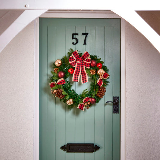 Premier Red Bow Wreath With Baubles & Cones