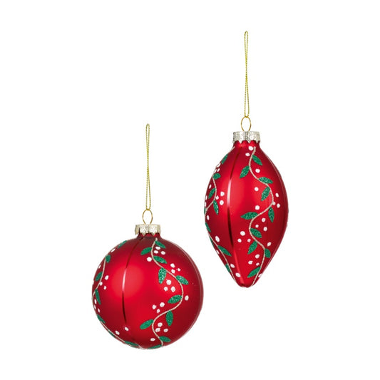 Premier Matt Red Glass Bauble With Green Leaf Design