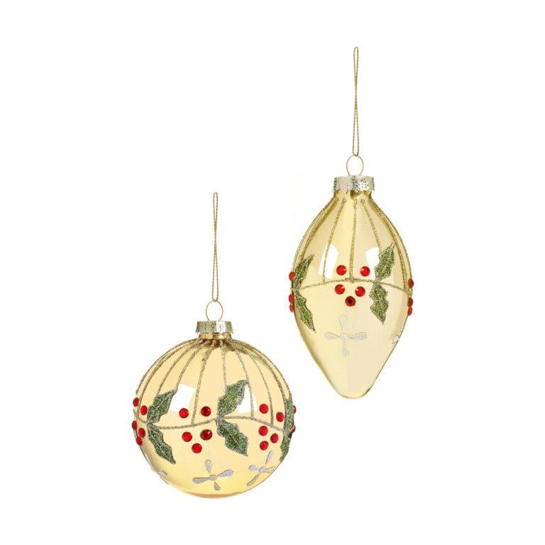 Premier Shiny Gold  Glass Bauble With Holly & Ivy Glittr