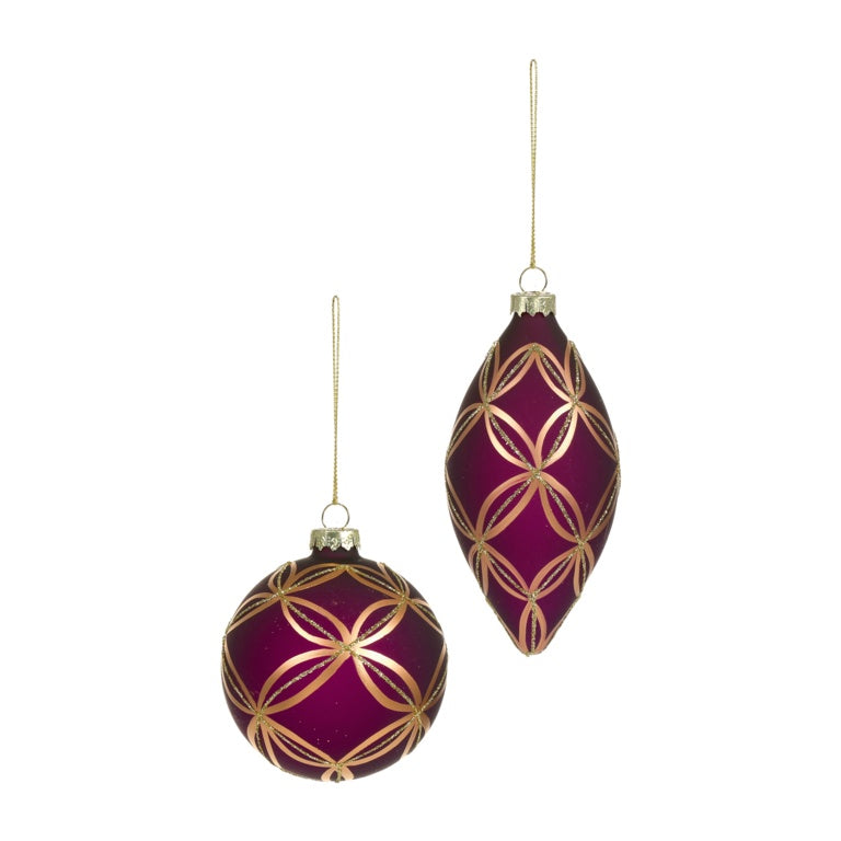 Premier Matt Plum Glass Bauble With Gold Design