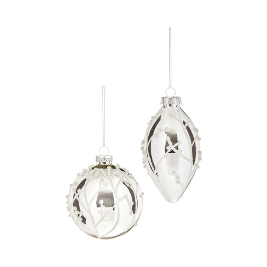 Premier Shiny Silver Glass Bauble With White Glitter Branch