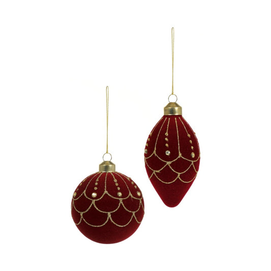 Premier Burgundy Flock Glass Bauble  With Gold Design