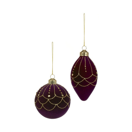 Premier Plum Flock Glass Bauble  With Gold Design