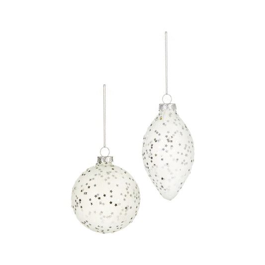 Premier White Frosted Glass Bauble With Silver Star Sequins