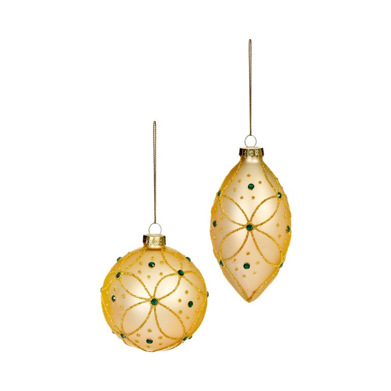 Premier Matt Gold Bauble With Glitter Swirl & Green Jewels