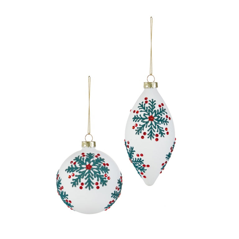 Premier White With Green Mistletoe Snowflake Glass Bauble