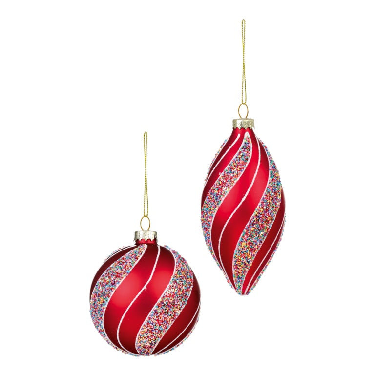 Premier Matt Red Glass Bauble With Sequin Swirl