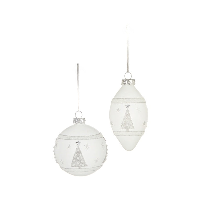 Premier Matt White Glass Bauble With Silver Glitter Tree