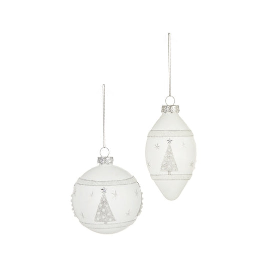 Premier Matt White Glass Bauble With Silver Glitter Tree