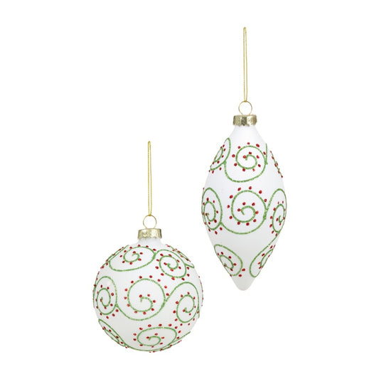 Premier Matt White Glass Bauble With Green & Red Glitter