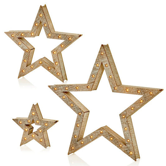 Premier Set Of 3 Lit White Wood Star