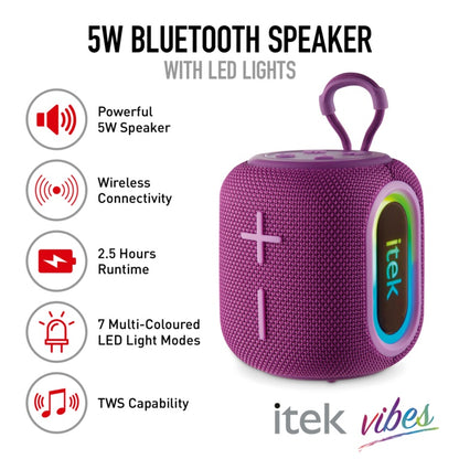 iTek Bluetooth Purple Speaker &amp; LED Lights (5W)