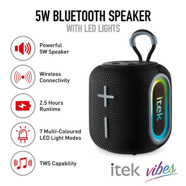 iTek Bluetooth Black Speaker &amp; LED Lights (5W)