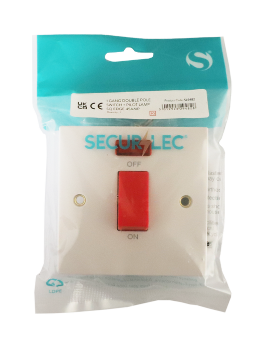 Securlec 1 Gang Double Pole Switch & Pilot Lamp Square Edge