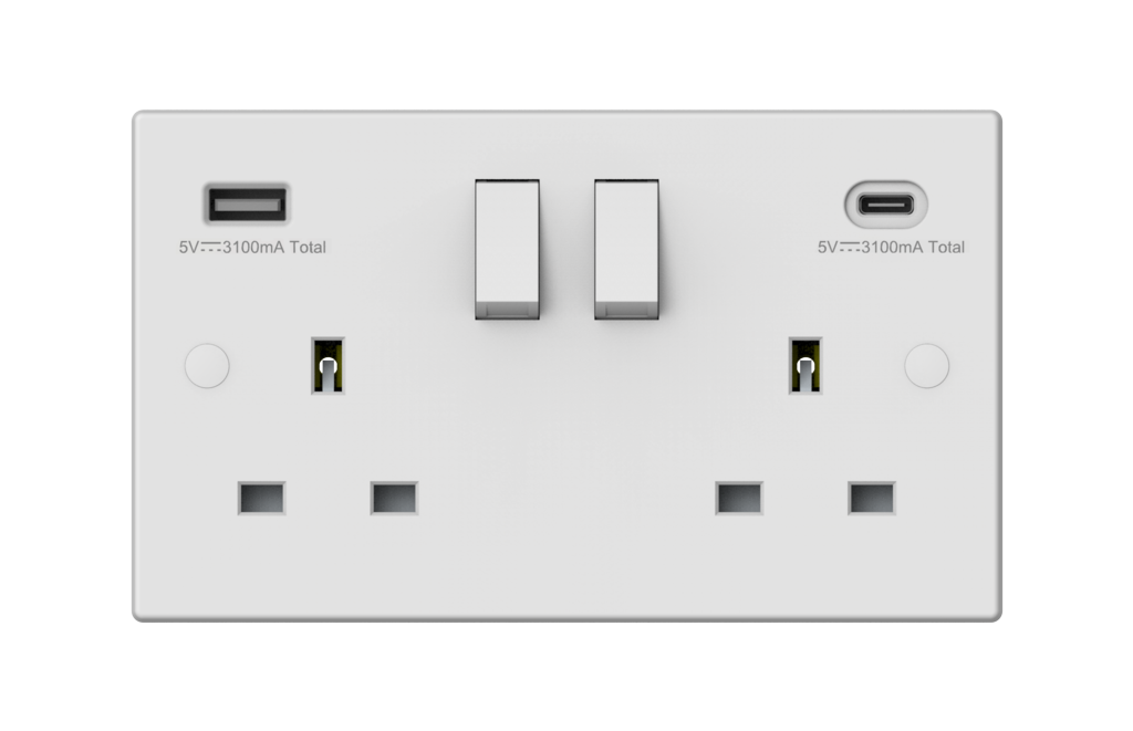 Securlec Switched Socket With USB A + C Double Pole Square Edge