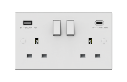 Securlec Switched Socket With USB A + C Double Pole Square Edge