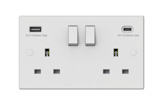 Securlec Switched Socket With USB A + C Double Pole Square Edge
