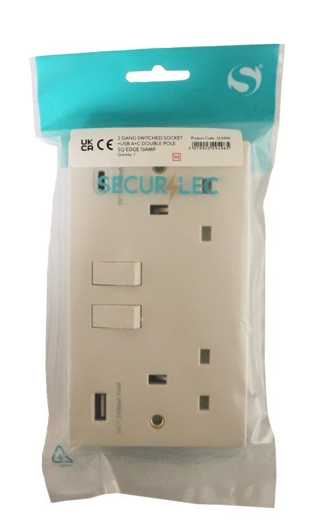 Securlec Switched Socket With USB A + C Double Pole Square Edge