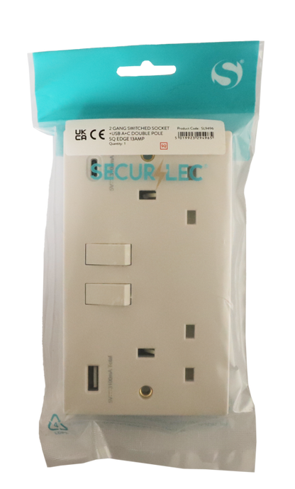 Securlec Switched Socket With USB A + C Double Pole Square Edge