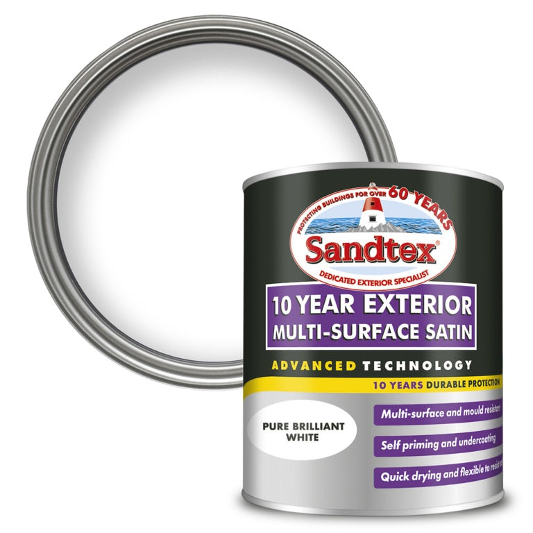 Sandtex 10 Year Exterior Multi Surface Satin 750ml Brilliant White