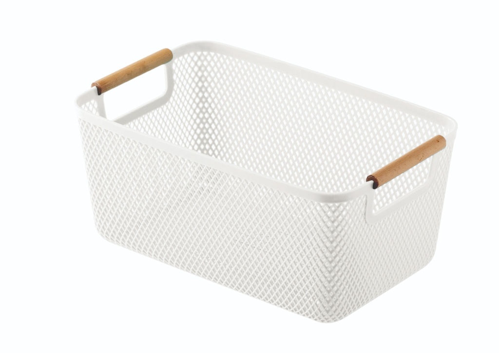 Blue Canyon Small Plastic Storage Basket With Wooden Handles White
