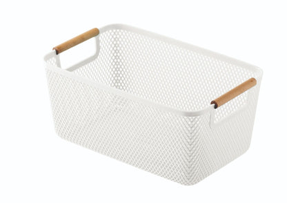 Blue Canyon Medium Plastic Storage Basket With Wooden Handles White
