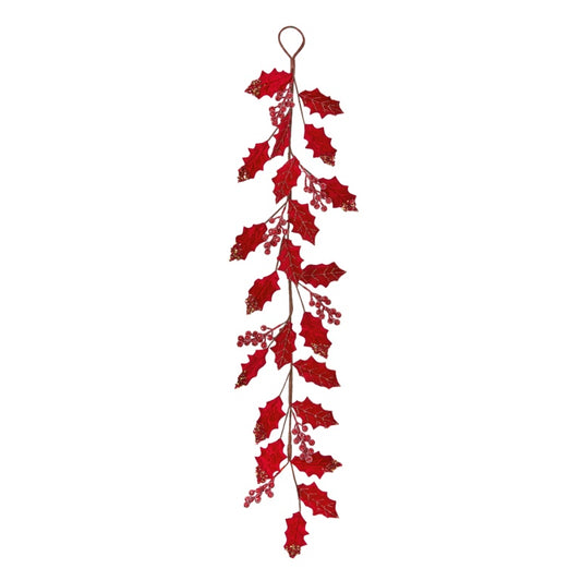 Premier Red Holly & Berry Velvet Garland 1.2m