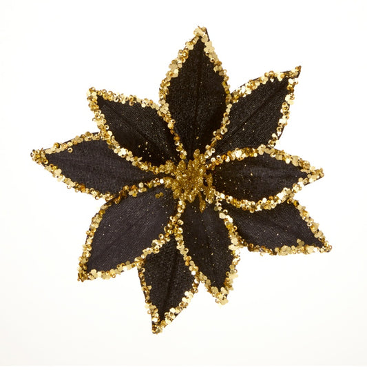Premier Black Poinsettia With Gold Beading & Sequins Clip On 20cm